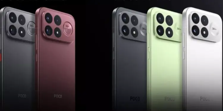 Perbandingan tampilan belakang smartphone POCO F9 Ultra (kiri) dan POCO F9 Pro (kanan) dalam berbagai varian warna.