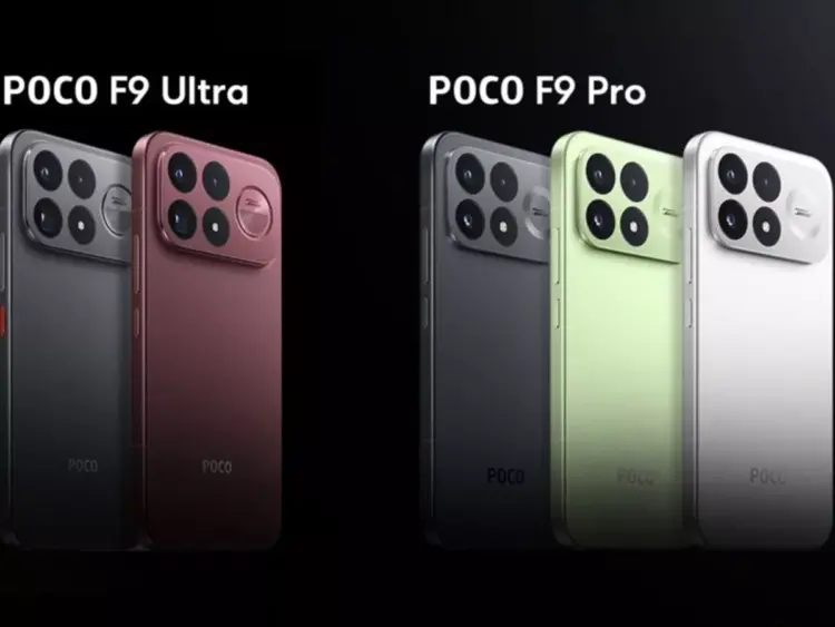 Perbandingan tampilan belakang smartphone POCO F9 Ultra (kiri) dan POCO F9 Pro (kanan) dalam berbagai varian warna.