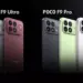 Perbandingan tampilan belakang smartphone POCO F9 Ultra (kiri) dan POCO F9 Pro (kanan) dalam berbagai varian warna.