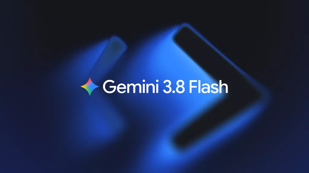 Logo AI Google Gemini 3.8 Flash dengan teks putih dan ikon bintang warna-warni di atas latar belakang biru tua yang bercahaya.