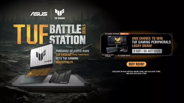 Poster promo ASUS TUF Gaming Battle Station dengan laptop ASUS TUF Gaming 16, mousepad, dan periferal gaming.