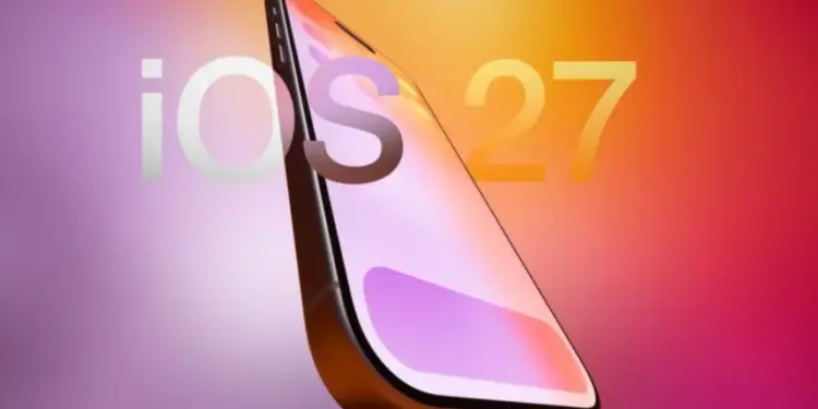 Ilustrasi smartphone dengan logo teks 'iOS 27' di latar belakang gradasi warna ungu dan oranye.