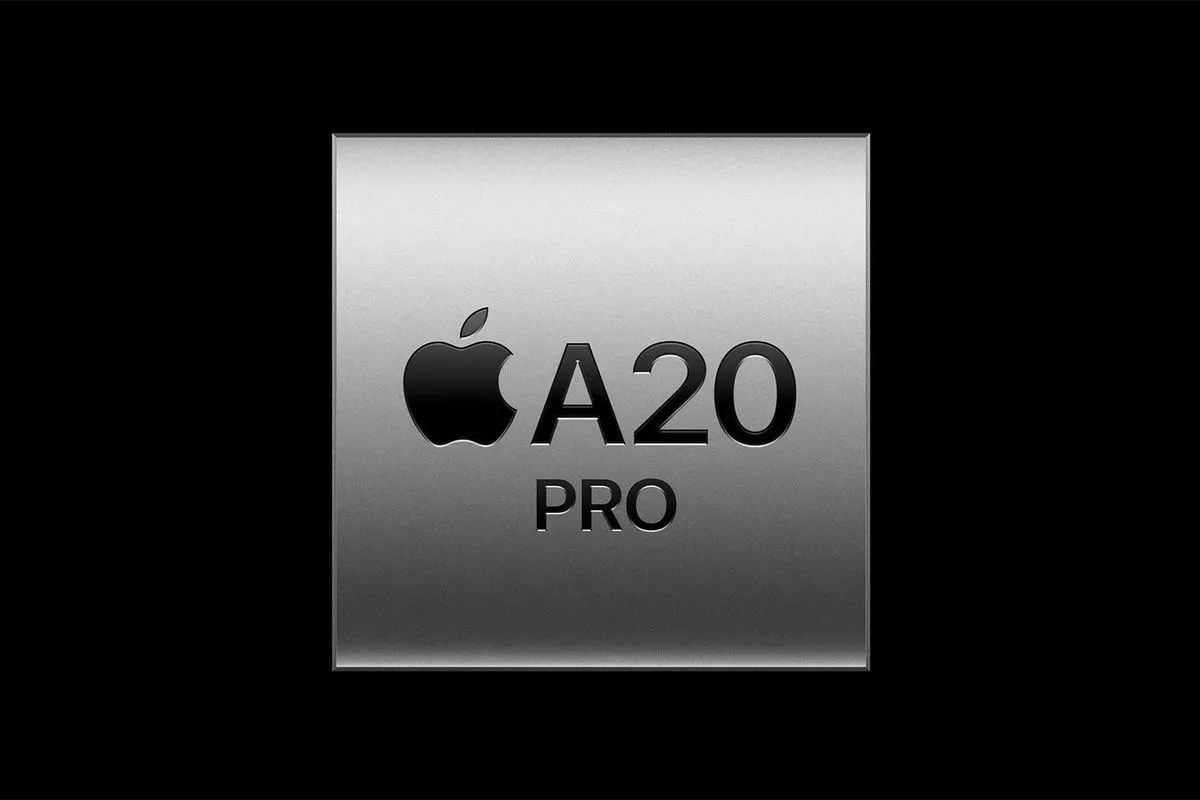 Logo chipset Apple A20 Pro dengan latar belakang hitam minimalis.
