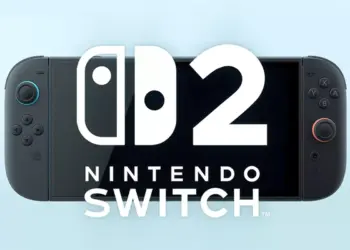 Konsol genggam Nintendo Switch 2 warna hitam dengan logo resmi di bagian layar.