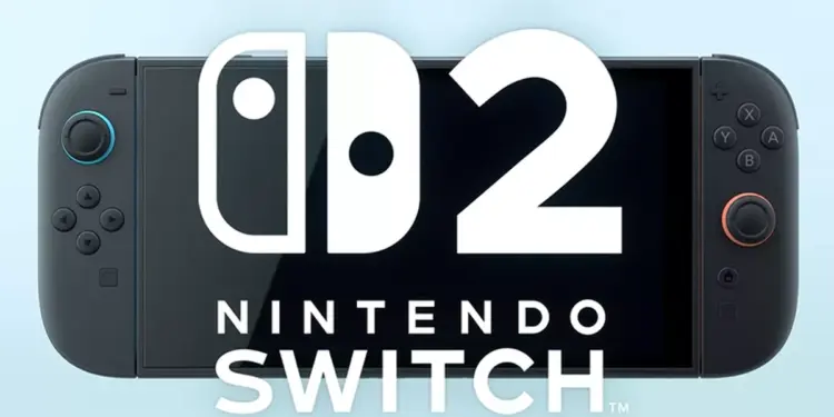 Konsol genggam Nintendo Switch 2 warna hitam dengan logo resmi di bagian layar.