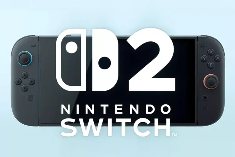 Konsol genggam Nintendo Switch 2 warna hitam dengan logo resmi di bagian layar.