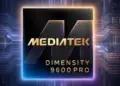 Logo MediaTek Dimensity 9600 Pro dengan latar belakang papan sirkuit biru berteknologi tinggi.