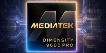 Logo MediaTek Dimensity 9600 Pro dengan latar belakang papan sirkuit biru berteknologi tinggi.