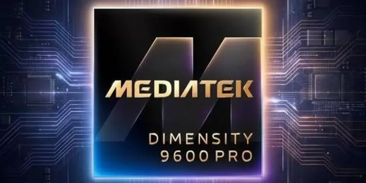 Logo MediaTek Dimensity 9600 Pro dengan latar belakang papan sirkuit biru berteknologi tinggi.