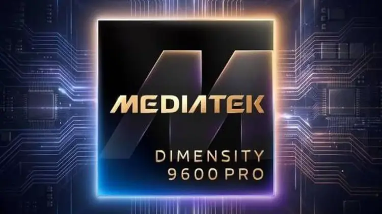 Logo MediaTek Dimensity 9600 Pro dengan latar belakang papan sirkuit biru berteknologi tinggi.