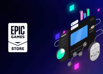 Logo Epic Games Store dengan latar belakang gelap dan grafik gim digital, tempat berburu game PC diskon.