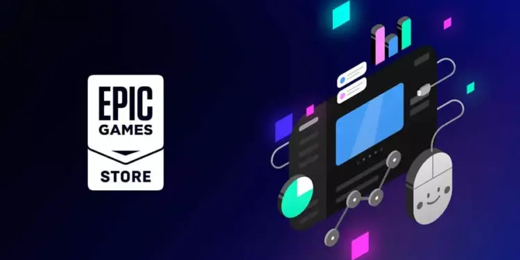 Logo Epic Games Store dengan latar belakang gelap dan grafik gim digital, tempat berburu game PC diskon.