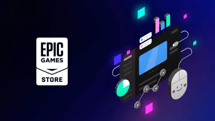 Logo Epic Games Store dengan latar belakang gelap dan grafik gim digital, tempat berburu game PC diskon.