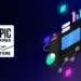 Logo Epic Games Store dengan latar belakang gelap dan grafik gim digital, tempat berburu game PC diskon.