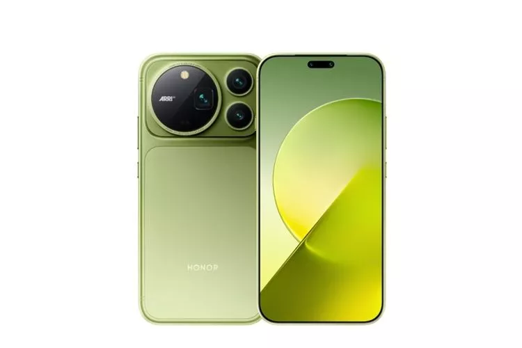 Desain bagian depan dan belakang smartphone Honor Magic 9 Pro Max berwarna hijau dengan modul kamera ARRI.