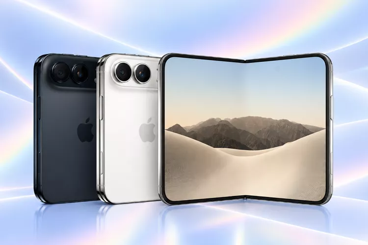 Tiga varian desain iPhone Duo lipat tampak belakang dan depan warna hitam dan putih.