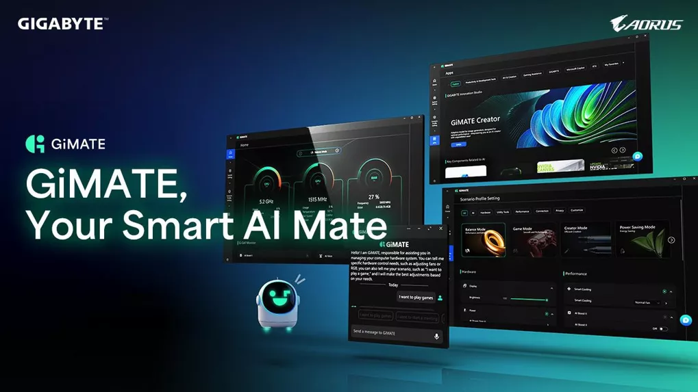 Antarmuka perangkat lunak GiMATE Smart AI Mate pada GIGABYTE AI Gaming Laptop.