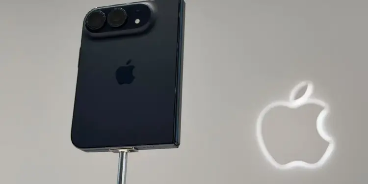 Penampakan bodi belakang iPhone Duo warna hitam terpasang pada stand pameran dengan logo Apple menyala di latar belakang.