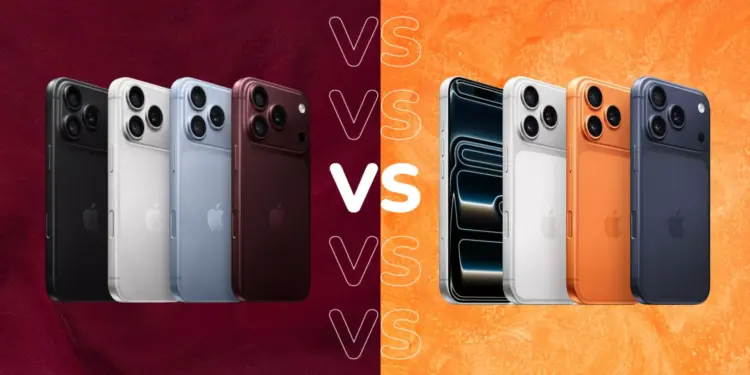 Perbandingan pilihan varian warna iPhone 18 Pro dan iPhone 17 Pro dengan simbol VS di tengah