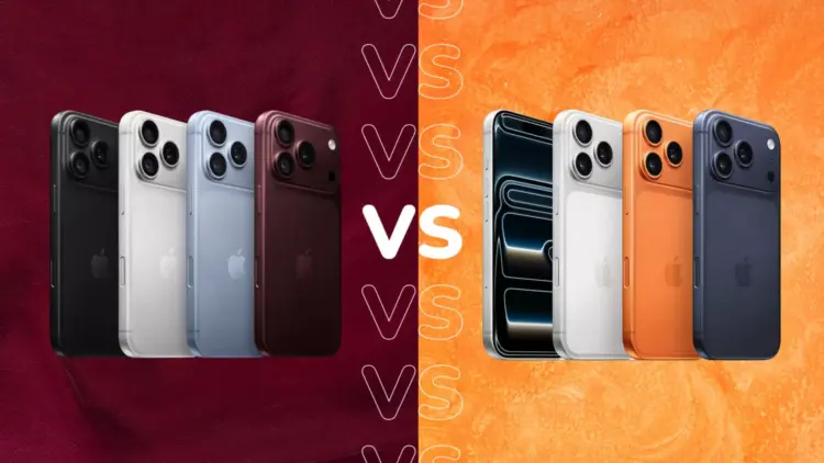 Perbandingan pilihan varian warna iPhone 18 Pro dan iPhone 17 Pro dengan simbol VS di tengah
