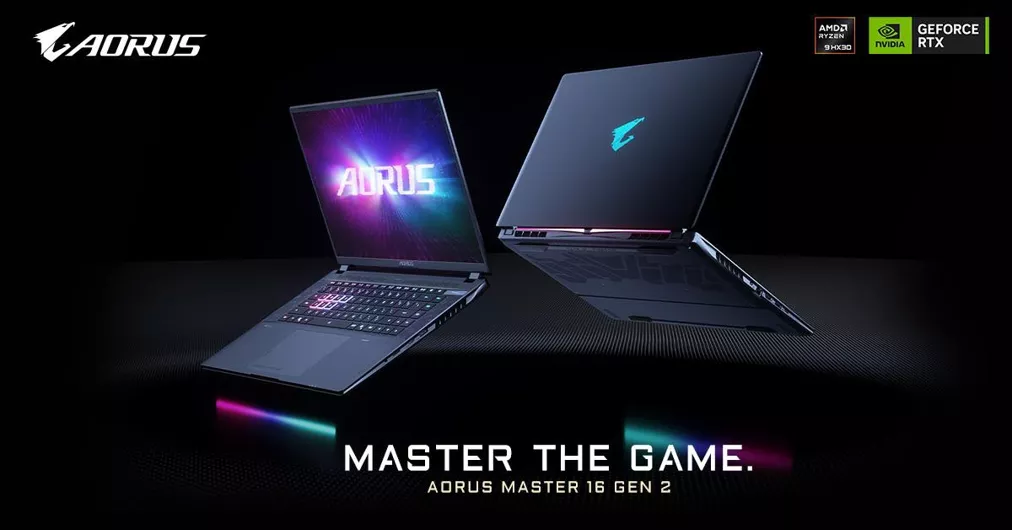 Laptop gaming premium AORUS Master 16 Gen 2 berdesain futuristik dengan logo RGB AORUS.