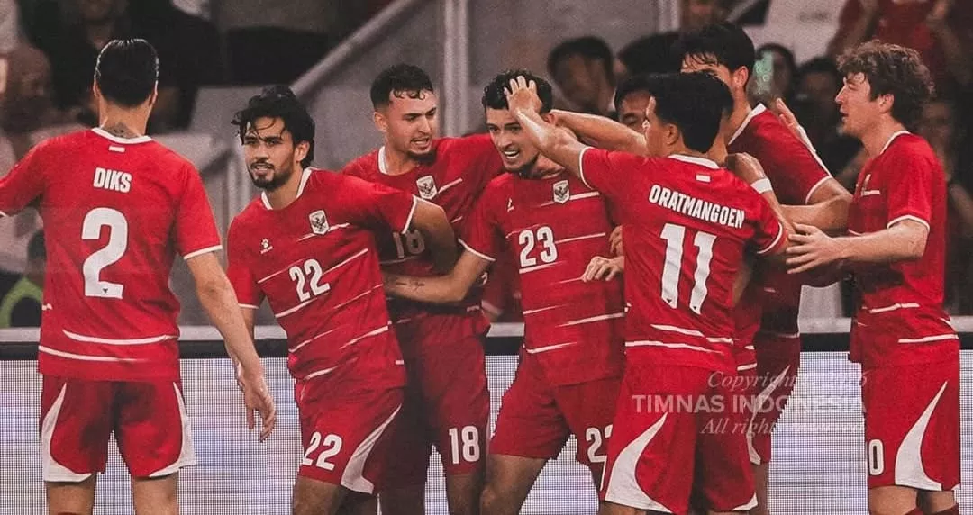 Selebrasi para pemain Timnas Indonesia merayakan gol ke gawang lawan dengan penuh antusias.