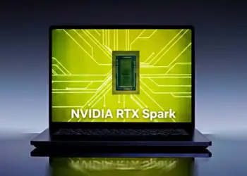 Laptop menampilkan grafik chipset Nvidia RTX Spark N1X pada layar berwarna hijau.