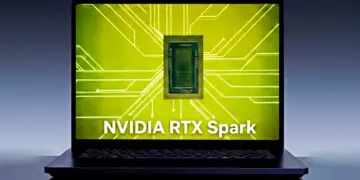 Laptop menampilkan grafik chipset Nvidia RTX Spark N1X pada layar berwarna hijau.