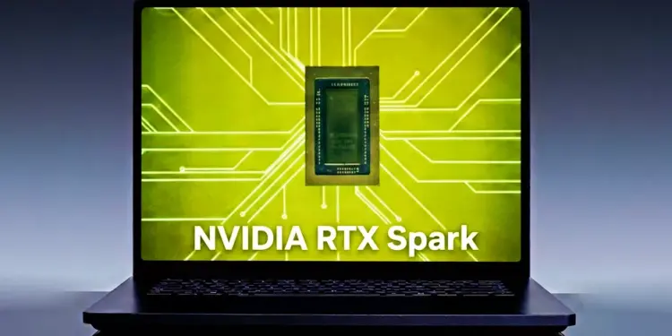 Laptop menampilkan grafik chipset Nvidia RTX Spark N1X pada layar berwarna hijau.