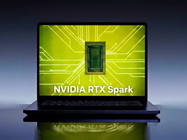 Laptop menampilkan grafik chipset Nvidia RTX Spark N1X pada layar berwarna hijau.
