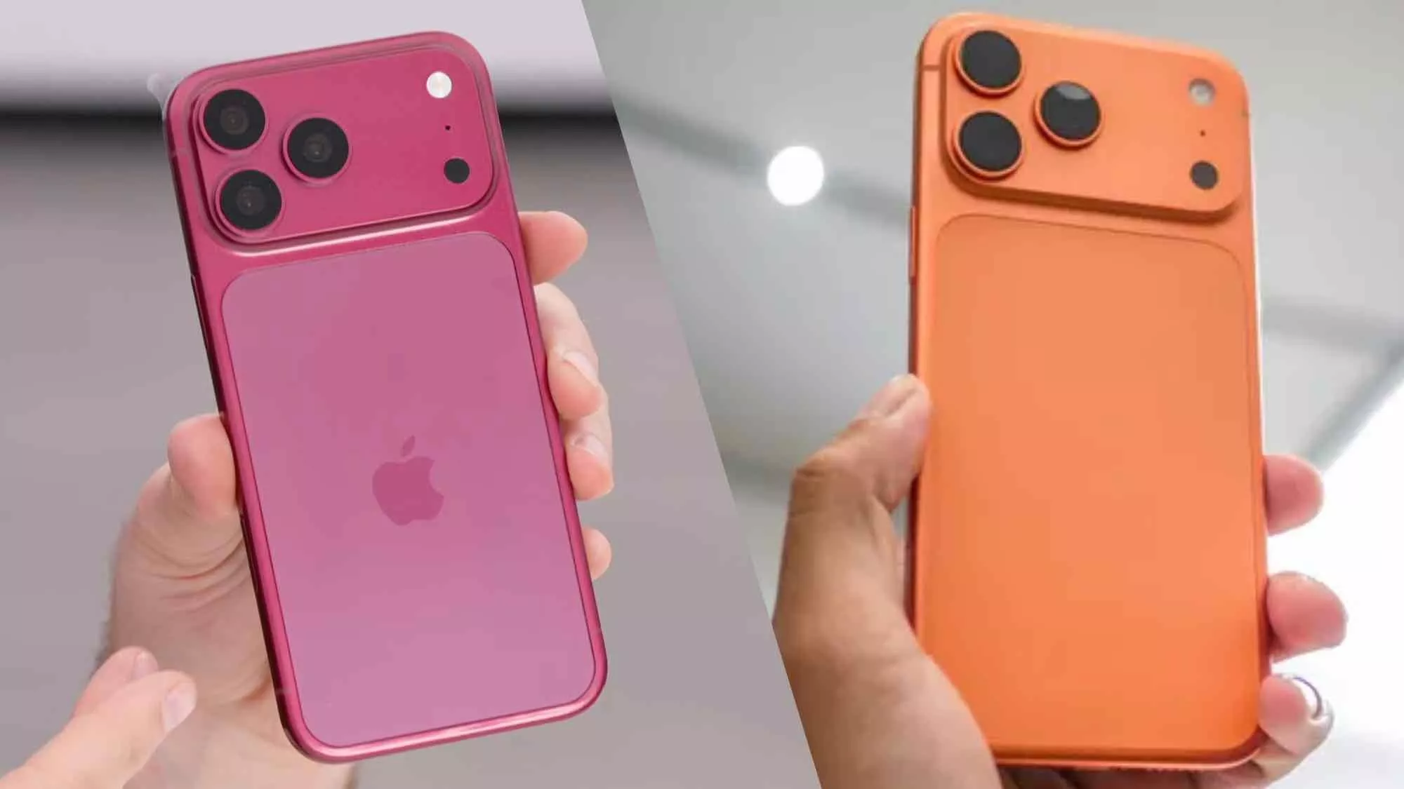 Tangan memegang iPhone 18 Pro warna pink magenta dan iPhone 17 Pro warna oranye secara langsung