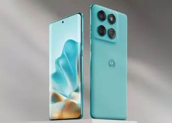 Tampak depan dan belakang HP Motorola dengan layar melengkung dan bodi warna hijau toska.