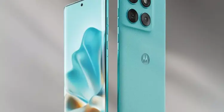 Tampak depan dan belakang HP Motorola dengan layar melengkung dan bodi warna hijau toska.
