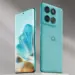 Tampak depan dan belakang HP Motorola dengan layar melengkung dan bodi warna hijau toska.