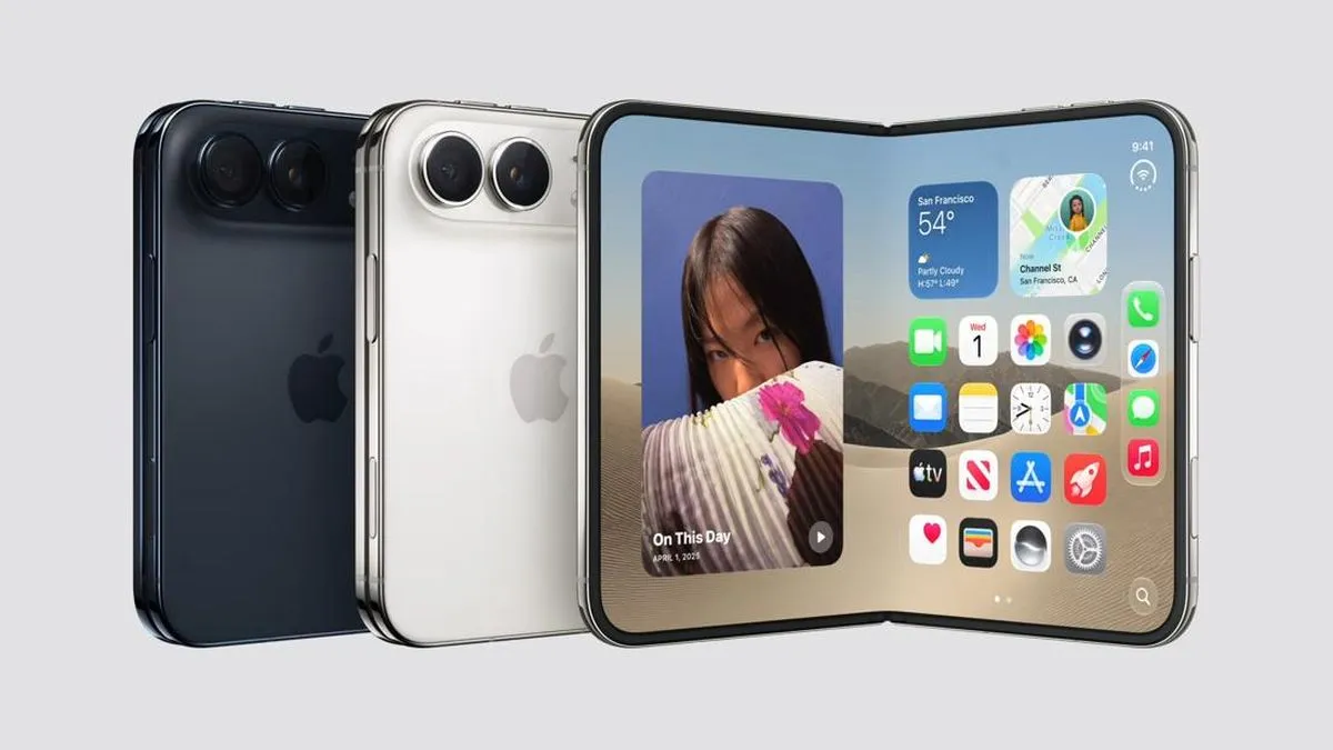 Tiga varian iPhone Duo memperlihatkan sisi belakang warna hitam, perak, dan posisi layar utama terbuka sebagian.