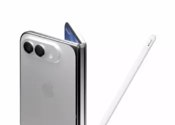 Konsep desain iPhone Ultra lipat warna silver bersanding dengan Apple Pencil untuk info harga iPhone Ultra.