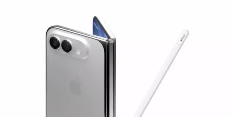 Konsep desain iPhone Ultra lipat warna silver bersanding dengan Apple Pencil untuk info harga iPhone Ultra.