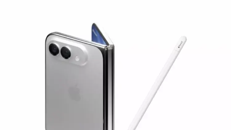 Konsep desain iPhone Ultra lipat warna silver bersanding dengan Apple Pencil untuk info harga iPhone Ultra.