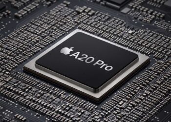 Chipset Apple A20 Pro terpasang di atas papan sirkuit motherboard.