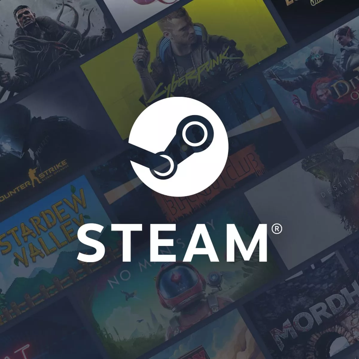 Mozaik sampul game populer di Steam dengan logo dan tulisan "STEAM" putih di tengah.