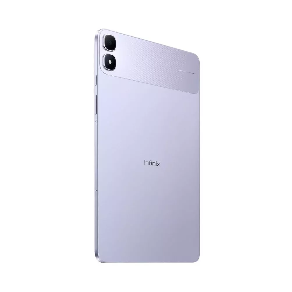 Tampilan bodi belakang tablet Infinix XPAD 30 Pro berwarna ungu muda dengan logo Infinix di bagian tengah.