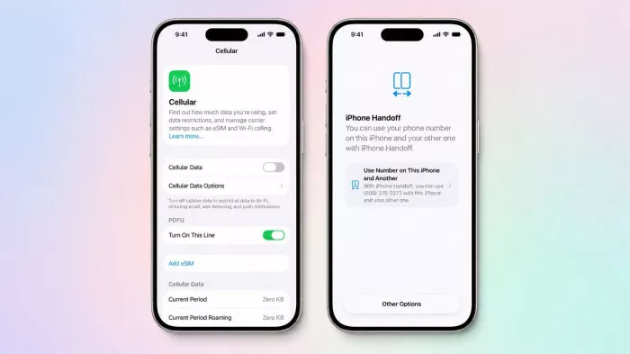 Dua layar iPhone berdampingan menampilkan antarmuka pengaturan 'Cellular' dan 'iPhone Handoff' dengan opsi sinkronisasi nomor HP.