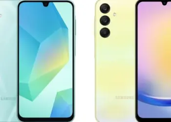 Tampilan depan dan belakang HP reseller Samsung warna hijau dan kuning