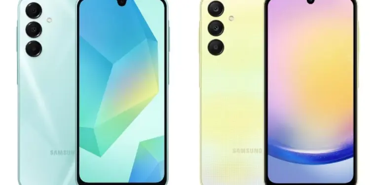 Tampilan depan dan belakang HP reseller Samsung warna hijau dan kuning