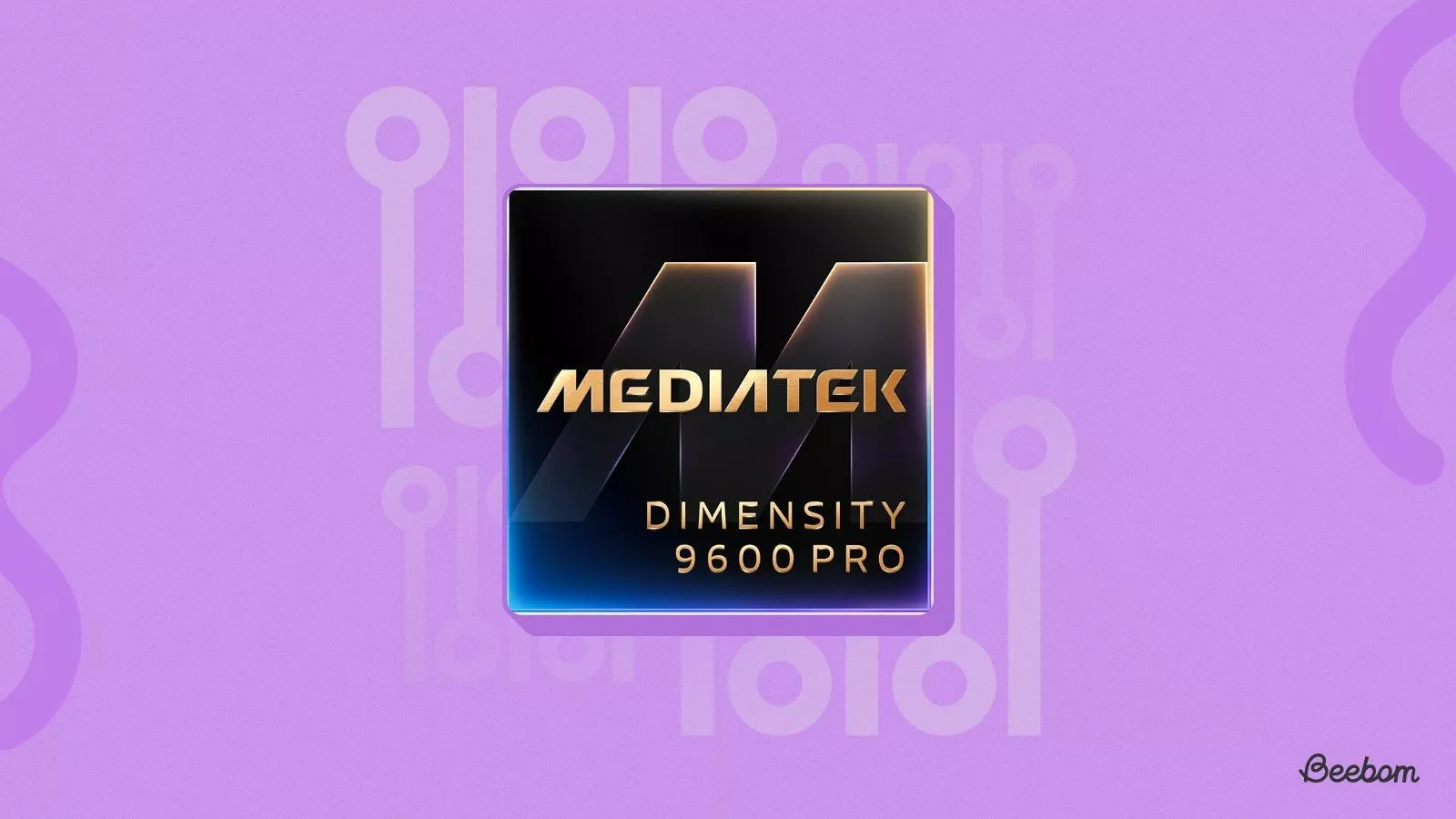 Ilustrasi MediaTek Dimensity 9600 Pro di atas latar belakang ungu berkonsep sirkuit digital.
