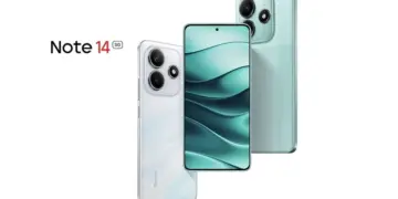 Redmi Note 14 5G kapasitas memori HP Redmi 8/256 GB dari tampilan depan dan belakang.