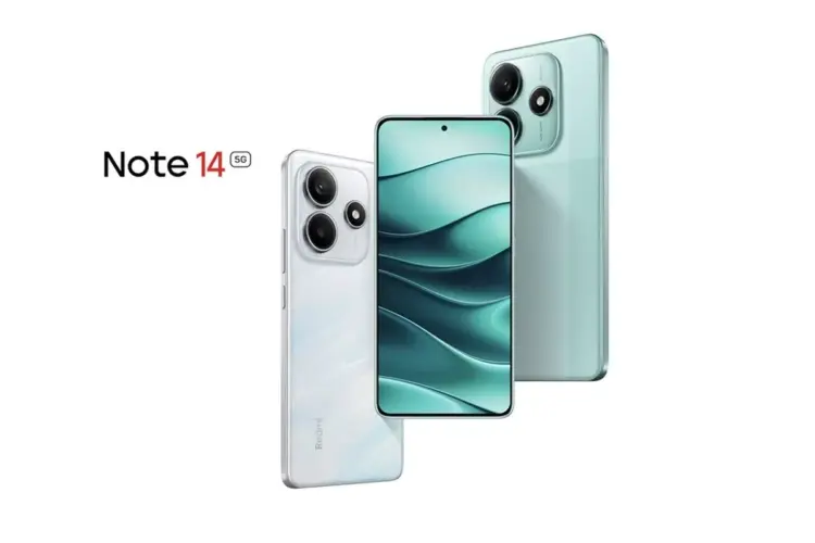 Redmi Note 14 5G kapasitas memori HP Redmi 8/256 GB dari tampilan depan dan belakang.