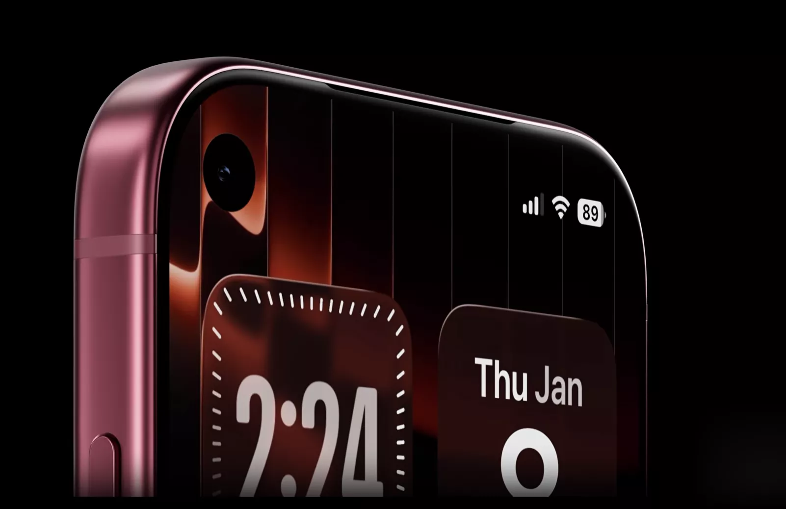 Tampilan jarak dekat sudut atas layar iPhone 18 Pro Max memperlihatkan indikator baterai dan punch hole kamera.