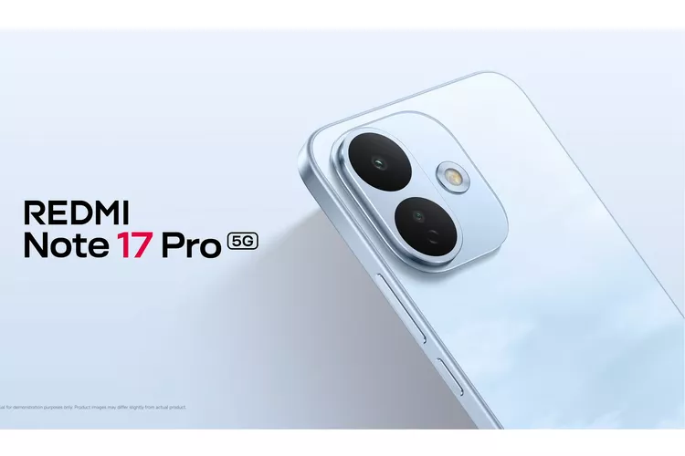 Close-up modul kamera ganda dan penulisan teks Redmi Note 17 Pro 5G.