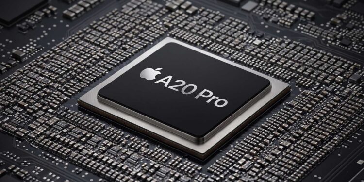 Chipset Apple A20 Pro terpasang di atas papan sirkuit motherboard.